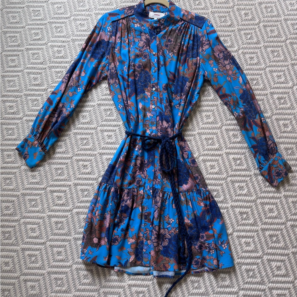 Blue Floral Tiered Long-Sleeve Shirt Dress